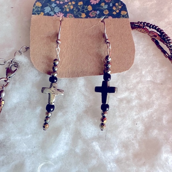 Bronze Neutral Hematite Cross Jewelry Set - Picture 3 of 11